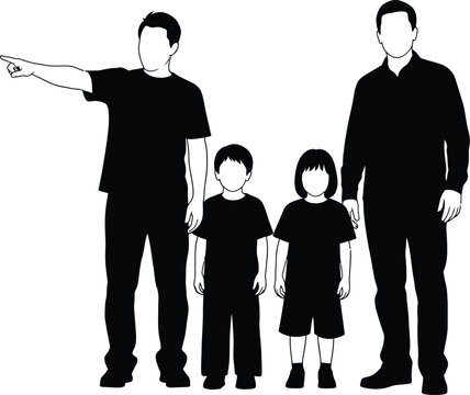 Two fathers with their two young children standing together in a stylized silhouette against a white background