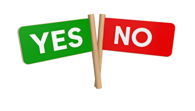 Two flags, one green "YES" and red "NO," on wooden poles, offering choice