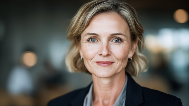 A poised woman with a warm smile stands in a bright, contemporary workspace, exuding confidence Generative AI