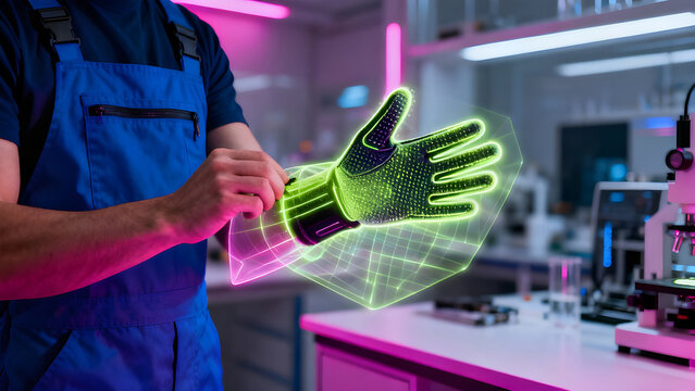 Engineer in blue work overalls holding a glowing neon-green holographic projection of a high-tech work glove above his hand in a modern laboratory with vibrant pink and purple lighting