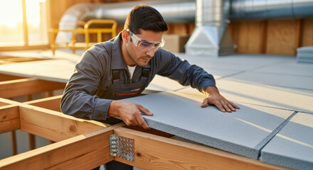 Focused construction worker installing rigid foam insulation panels on wooden floor framing in modern energy efficient building, improving thermal performance and sustainable home comfort