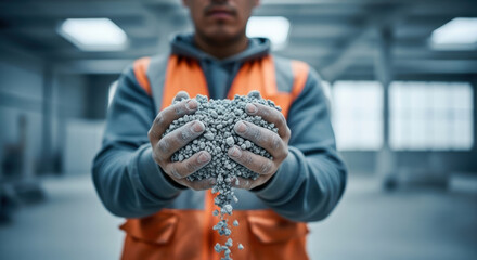 Worker holding crushed stone aggregate in hands at construction site, small gravel pieces falling through fingers, concept of building materials, industry, labor and infrastructure
