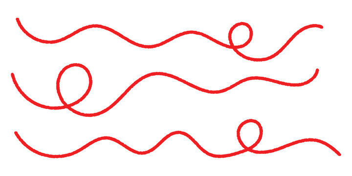 Red thread forming soft waves and loops, ideal for textile-themed designs, craft projects, sewing illustrations, handmade branding, and creative decorative dividers. Vector illustration. EPS 10