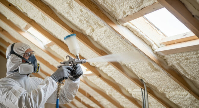 worker in protective suit spraying foam insulation under roof rafters improving attic energy efficiency and sealing gaps around skylight windows during home renovation