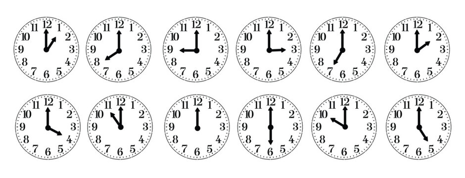 Collection of twelve analog clocks showing each hour from one to twelve
