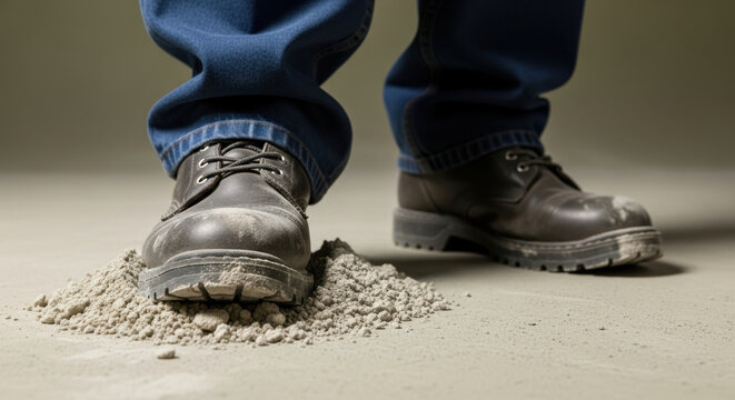 Dusty construction worker in rugged leather boots stepping on small pile of dry cement on concrete floor, closeup of strong footwear and protective workwear in industrial setting - Powered by Adobe