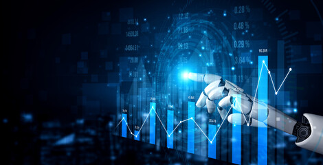 A futuristic robot hand interacts with glowing data analytics graphs, representing advanced technology and innovative insights in modern business performance analysis. Scalp