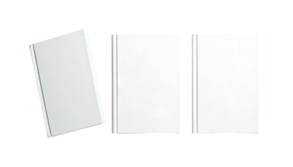 Three white books on a black background; one at angle, others upright