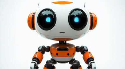 Cute Robot Character with Bright Blue Eyes and Orange Accents