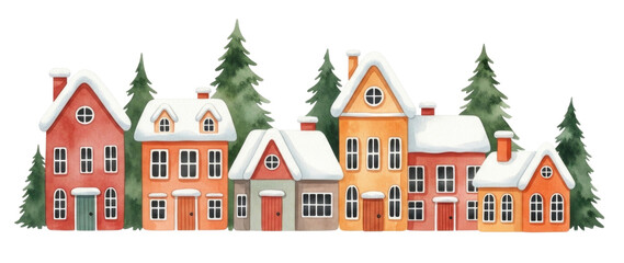 Naklejka premium Watercolor christmas village scene transparent background cutout png