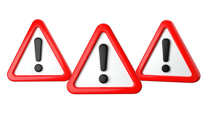 Three 3D red triangles with white centers and black exclamation points, isolated