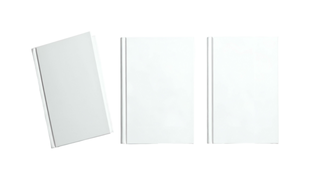 Three white books on a black background; one at angle, others upright