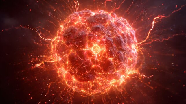 Cosmic Combustion: A celestial event unfolds in a blaze of radiant energy, where a fiery sphere explodes, its surface cracking open to reveal a dazzling core.
