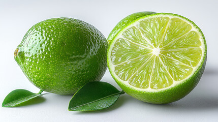 Fresh Green Limes with Leaf on White Background for Culinary Use