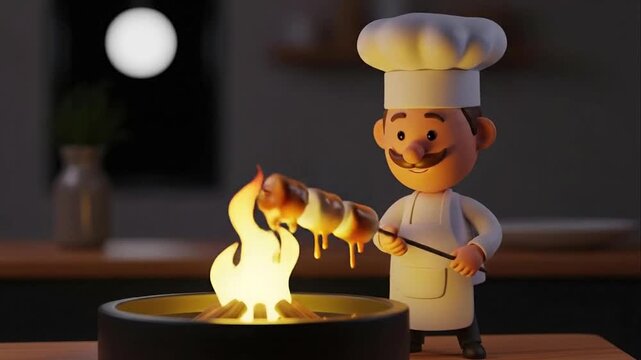 Chef character roasting marshmallows over fire illustration
