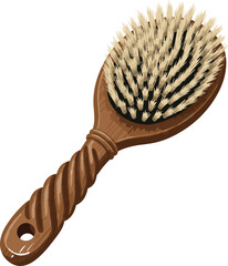 Vintage wooden hairbrush vector illustration featuring natural boar bristles and a rustic twisted handle for beauty, spa, and hair care concepts.