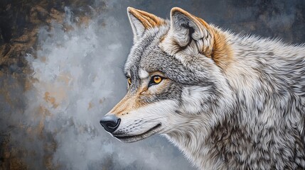 Obraz premium Majestic grey wolf portrait with intense eyes, close-up wildlife photography