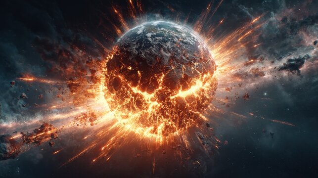 Celestial Cataclysm: Witness the cosmic chaos of a celestial body imploding, a fiery spectacle against the backdrop of an interstellar nebula.