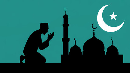 muslim man praying silhouette with mosque and crescent moon