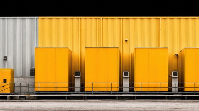 Exterior of vibrant yellow industrial building with loading docks and textured gray wall, minimalist architecture and
