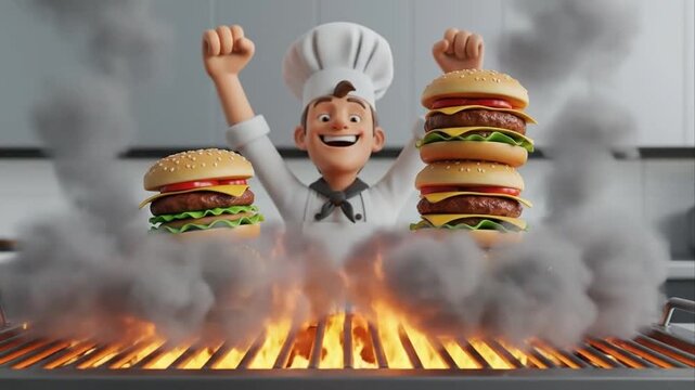 Chef character with stacked burgers on grill