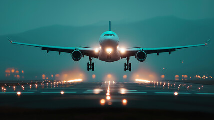 A commercial airplane ascends gracefully into the evening sky, ready for its journey Generative AI