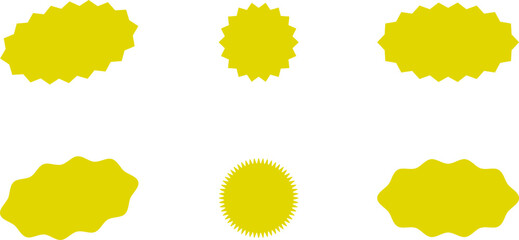 Naklejka na ściany i meble Red and yellow shopping labels collection. Sale or discount sticker. Starburst red sticker set. Special offer price tag. Supermarket promotional badge. Promo stickers with star edges. Vector, PNG