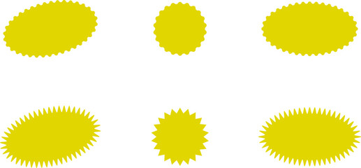 Red and yellow shopping labels collection. Sale or discount sticker. Starburst red sticker set. Special offer price tag. Supermarket promotional badge. Promo stickers with star edges. Vector, PNG