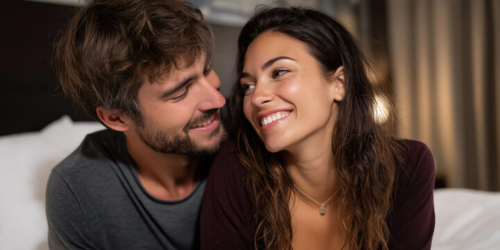 A young couple sits closely on a bed, laughing and sharing an intimate moment in soft lighting Generative AI