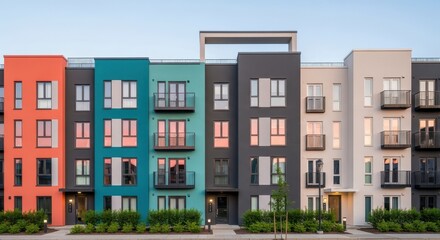 Fototapeta premium Modern apartment building exterior with colorful facade and balconies