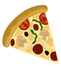 A delicious illustration of a pizza topped with pepperoni, mushrooms, onions, green bell peppers, and olives. Perfect for food designs, menu concepts, restaurant graphics, and culinary-themed artwork.