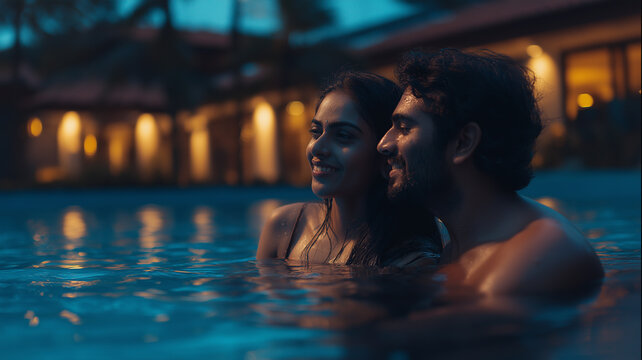 Two friends relax and smile together in the tranquil, shimmering water Generative AI