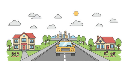 Fototapeta premium A sunny road leads toward a distant city skyline with houses
