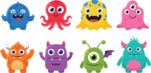 Mega collection of eight adorable cartoon monster characters in various vibrant colors and shapes, including octopus, cyclops, and horned beasts, perfect for children's games and party invitations