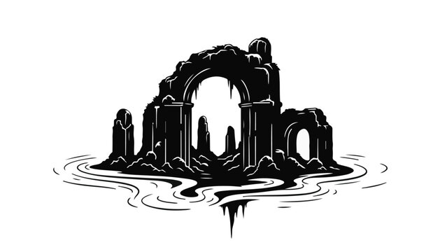 Mysterious ancient ruins emerge from dark, rippling water under a stark white background.