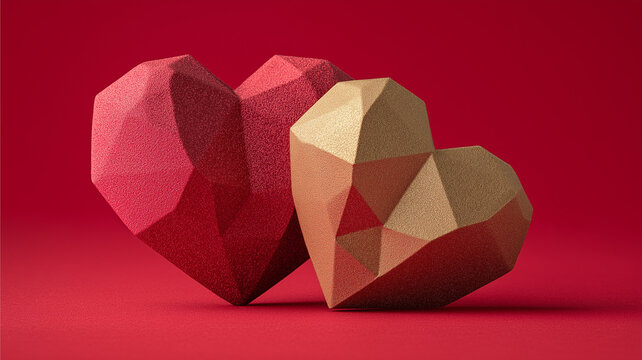 Two red and gold hearts stand out against a bold red background, ideal for lovers Generative AI