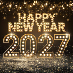 Happy New Year 2027, marked by golden numbers, glittering lights, and sparkling snow, celebrates a festive holiday ambiance.