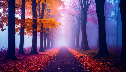 Forest pathway in colorful autumn style with pink foliage and misty depth