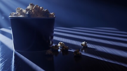 Dramatic close-up of a bucket of popcorn with atmospheric striped lighting, perfect for movie night or cinema concepts.