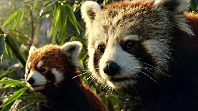 Close up of two red pandas in a lush green environment