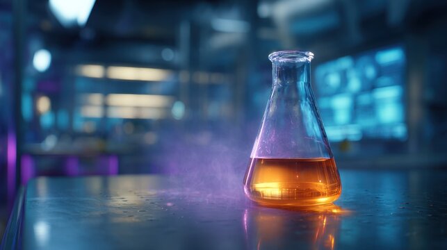 Experiment in Glass: A scientific glass flask filled with a vibrant liquid rests on a metallic surface within a high-tech lab, radiating an aura of scientific discovery and experimentation.