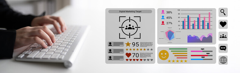 A close-up of hands typing on a keyboard, displaying digital marketing metrics and engagement tools...