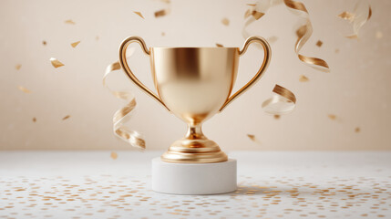Gold trophy on pedestal with confetti and ribbon celebration atmosphere
