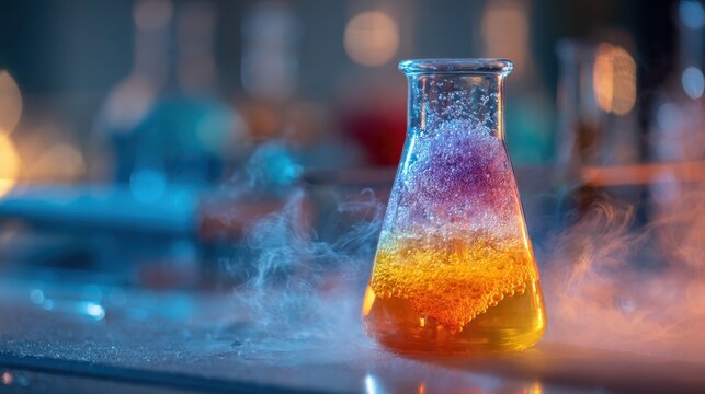 Vibrant Reaction: A stunning display of science unfolds as colorful chemical reactions dance within a glass flask, producing a captivating cloud of smoke.
