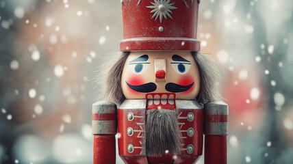 A vintage red nutcracker brightens the snowy scenery, evoking holiday cheer and nostalgia in winter Generative AI