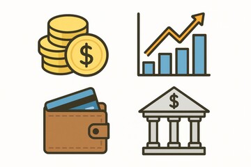 Financial icons representing money, growth, banking, and wallet on a white background