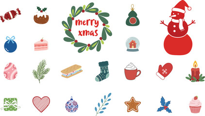 Merry Xmas Icon Set Holiday Food Decorations Snowman Wreath Candy Mistletoe Gift Cookie Cupcake Isolated on White Background