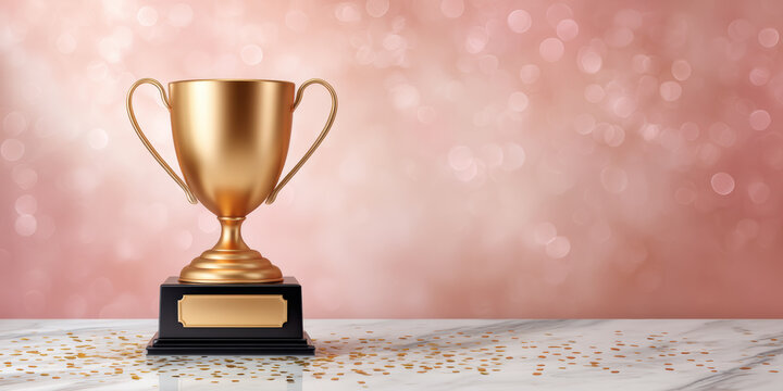 Golden trophy on marble table with confetti and soft bokeh background celebrating victory