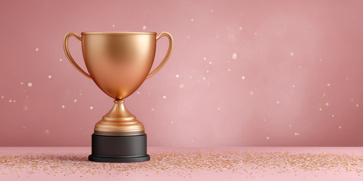 Gold trophy cup on pink background celebrates victory and achievement with subtle sparkle