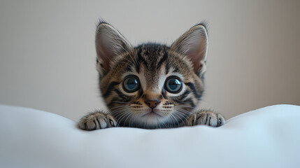 Cute Kitten with Big Blue Eyes Peeking Over Soft Surface Displaying Curiosity